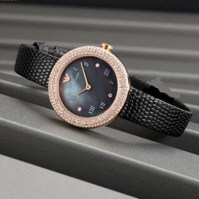 Emporio Armani Aviator Crystals Mother of Pearl Black Dial Black Silicon Strap Watch For Women - AR11373 - Image 5